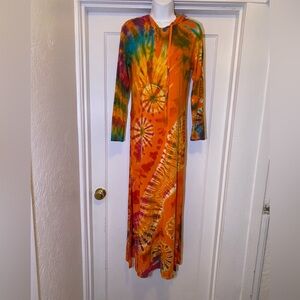 EUC Like New Gardenbelle Shop Orange Warm Tones Tie Dye Bamboo Hooded Maxi Dress